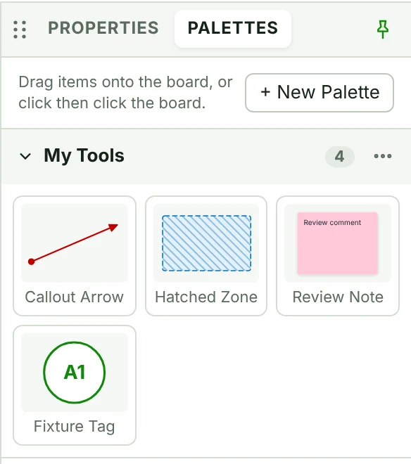 Palettes panel with saved tools: Callout Arrow, Hatched Zone, Review Note, and Fixture Tag